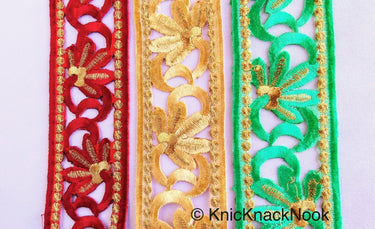 Green / Red / Beige And Gold Floral Embroidery Trim, Floral Trim, Cut Work One Yard Lace Trim